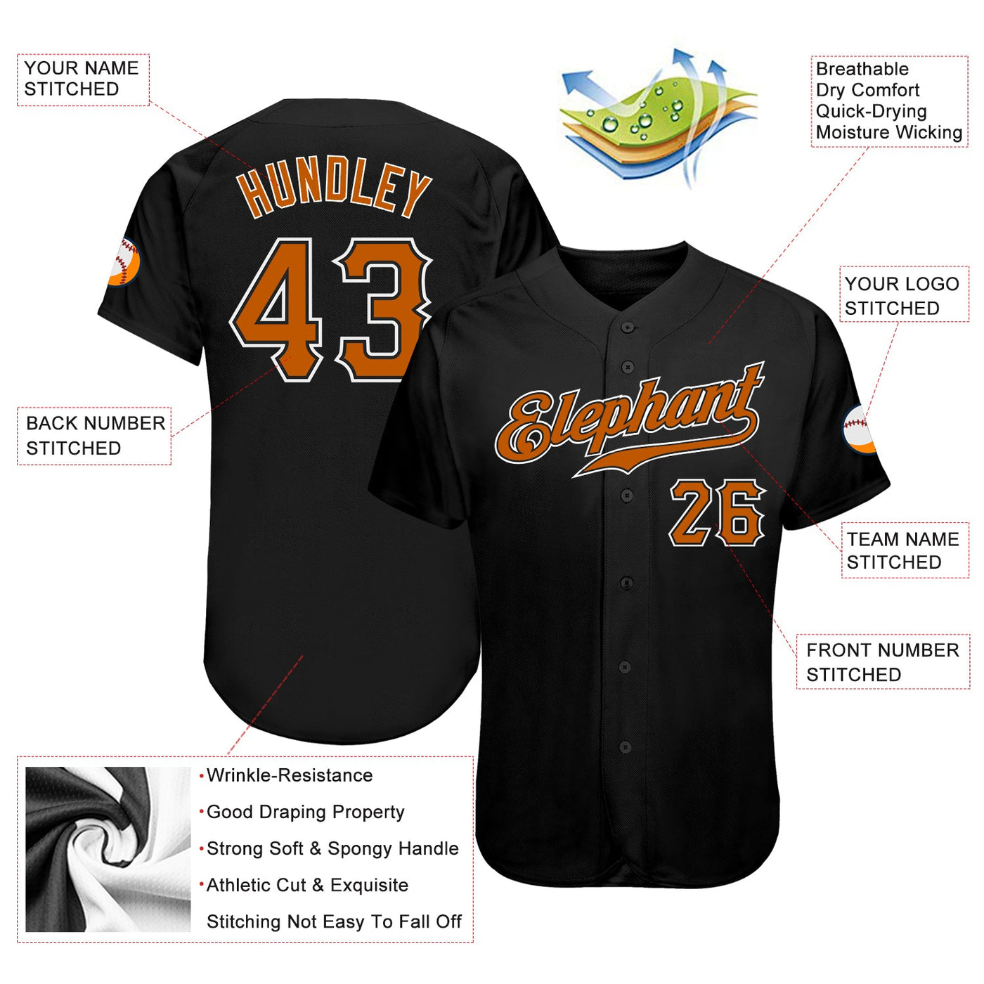 Custom Black Texas Orange-White Authentic Baseball Jersey - Owls Matrix LTD