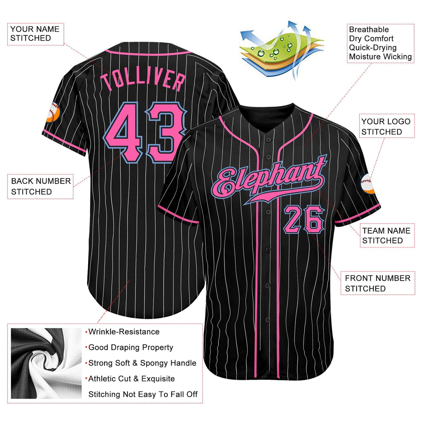 Custom Black White Pinstripe Pink-Light Blue Authentic Baseball Jersey - Owls Matrix LTD