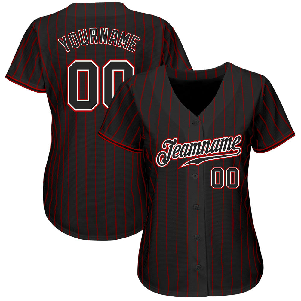 Custom Black Red Pinstripe Black-White Authentic Baseball Jersey - Owls Matrix LTD