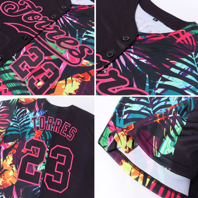 Custom Black Black-Pink 3D Pattern Design Tropical Palm Leaves Authentic Baseball Jersey - Owls Matrix LTD