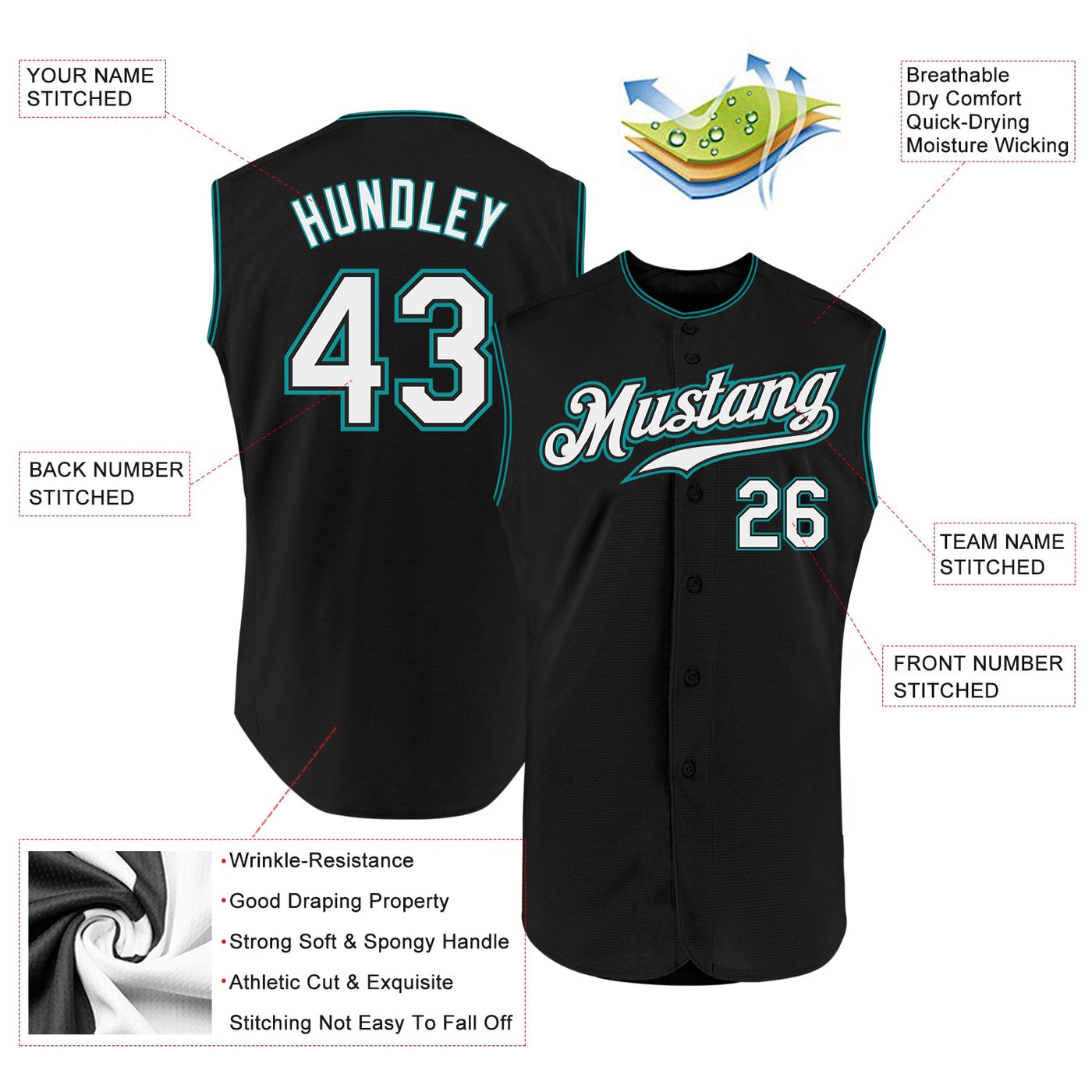 Custom Black White-Aqua Authentic Sleeveless Baseball Jersey