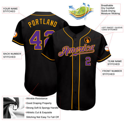 Custom Black Purple-Gold Authentic Baseball Jersey - Owls Matrix LTD
