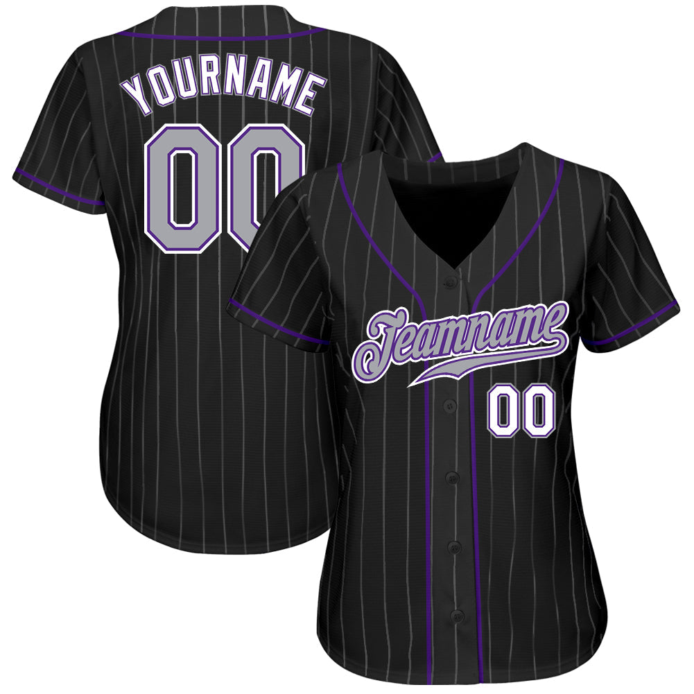 Custom Black Gray Pinstripe Gray-Purple Authentic Baseball Jersey - Owls Matrix LTD