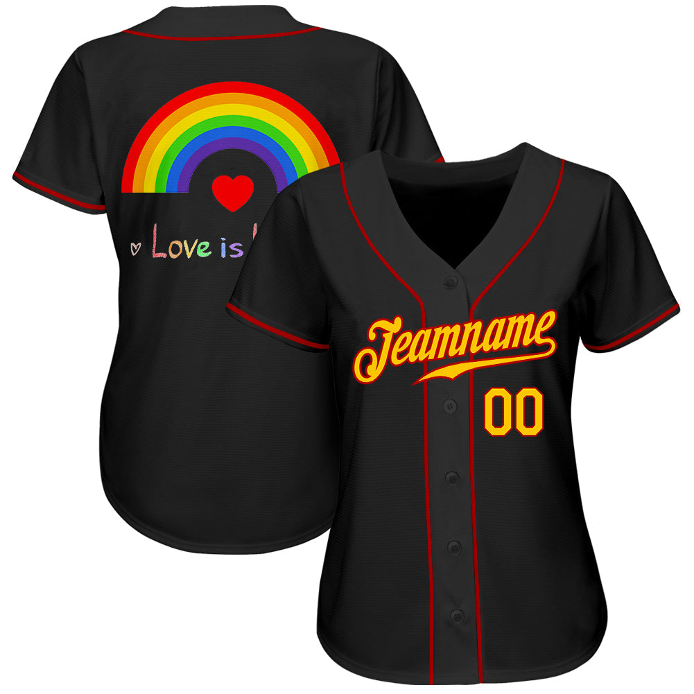 Custom Black Gold-Red Rainbow For Pride Month Love Is Love LGBT Authentic Baseball Jersey - Owls Matrix LTD