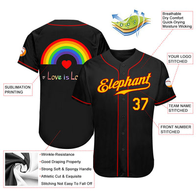 Custom Black Gold-Red Rainbow For Pride Month Love Is Love LGBT Authentic Baseball Jersey - Owls Matrix LTD
