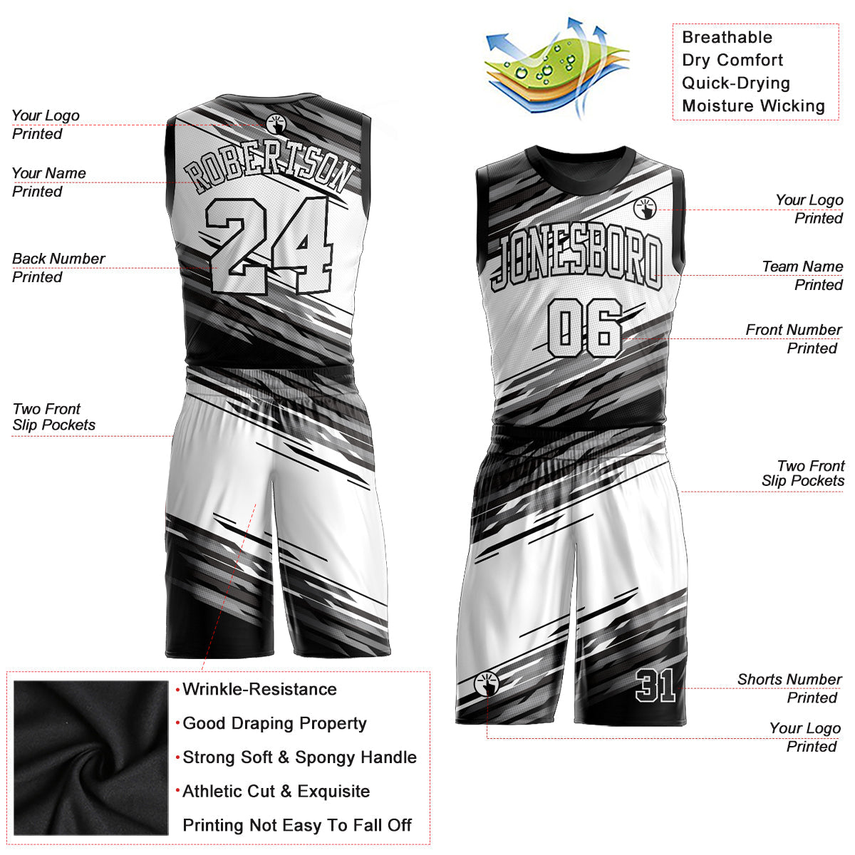 Custom Black White-Silver Gray Round Neck Sublimation Basketball Suit Jersey
