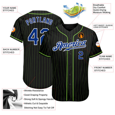 Custom Black Neon Green Pinstripe Royal-White Authentic Baseball Jersey - Owls Matrix LTD