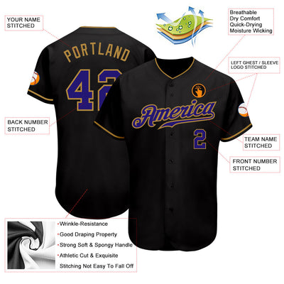 Custom Black Purple-Old Gold Authentic Baseball Jersey - Owls Matrix LTD