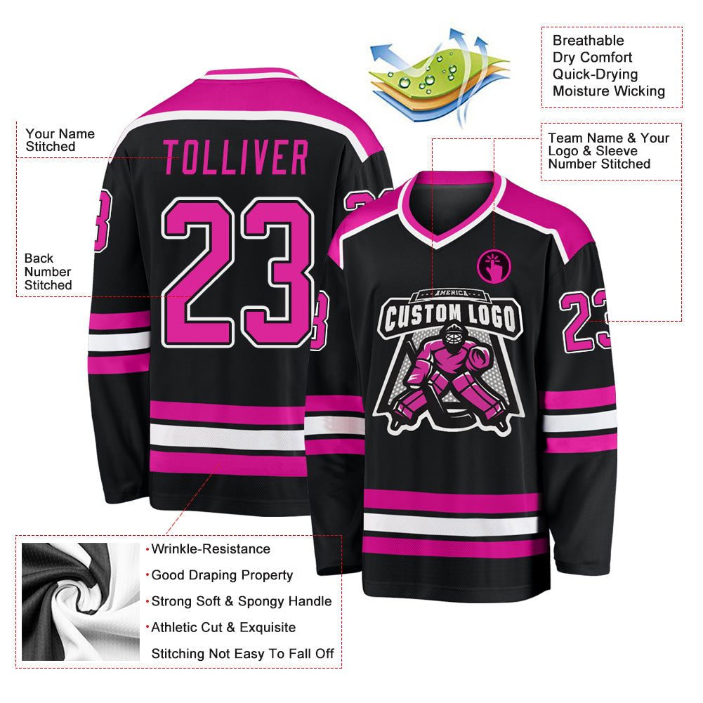 Custom Black Deep Pink-White Hockey Jersey