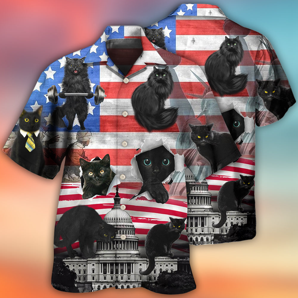 Black Cat Independence Day America - Hawaiian Shirt - Owls Matrix LTD