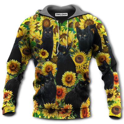 Unisex Hoodie / S Black Cat Love Sunflower - Hoodie - Owls Matrix LTD