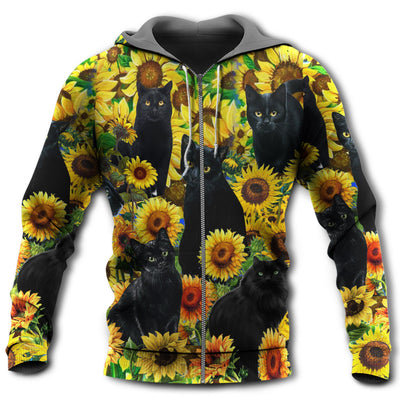 Zip Hoodie / S Black Cat Love Sunflower - Hoodie - Owls Matrix LTD