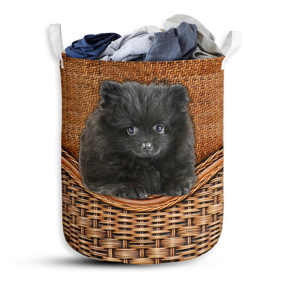 S: 17.72”x13.78” (45x35 cm) Black Pomeranian Dog Rattan Teaxture - Laundry Basket - Owls Matrix LTD