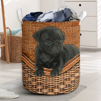 Black Pug Dog Rattan Teaxture - Laundry Basket - Owls Matrix LTD