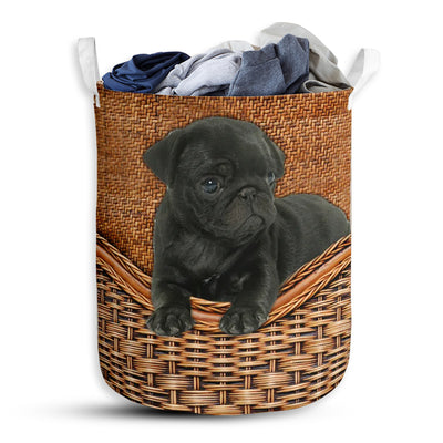 S: 17.72”x13.78” (45x35 cm) Black Pug Dog Rattan Teaxture - Laundry Basket - Owls Matrix LTD