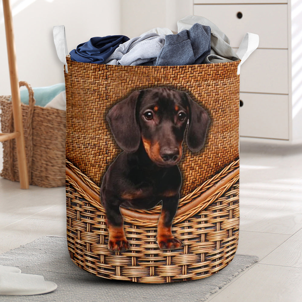 Black Tan Dachshund Dog Rattan Teaxture - Laundry Basket - Owls Matrix LTD