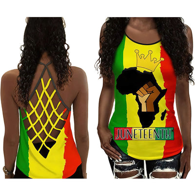 S Black Woman Green Yellow Red Love Peace - Cross Open Back Tank Top - Owls Matrix LTD