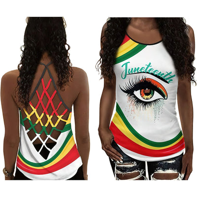S Black Woman Love Peace With Colorful Eye - Cross Open Back Tank Top - Owls Matrix LTD