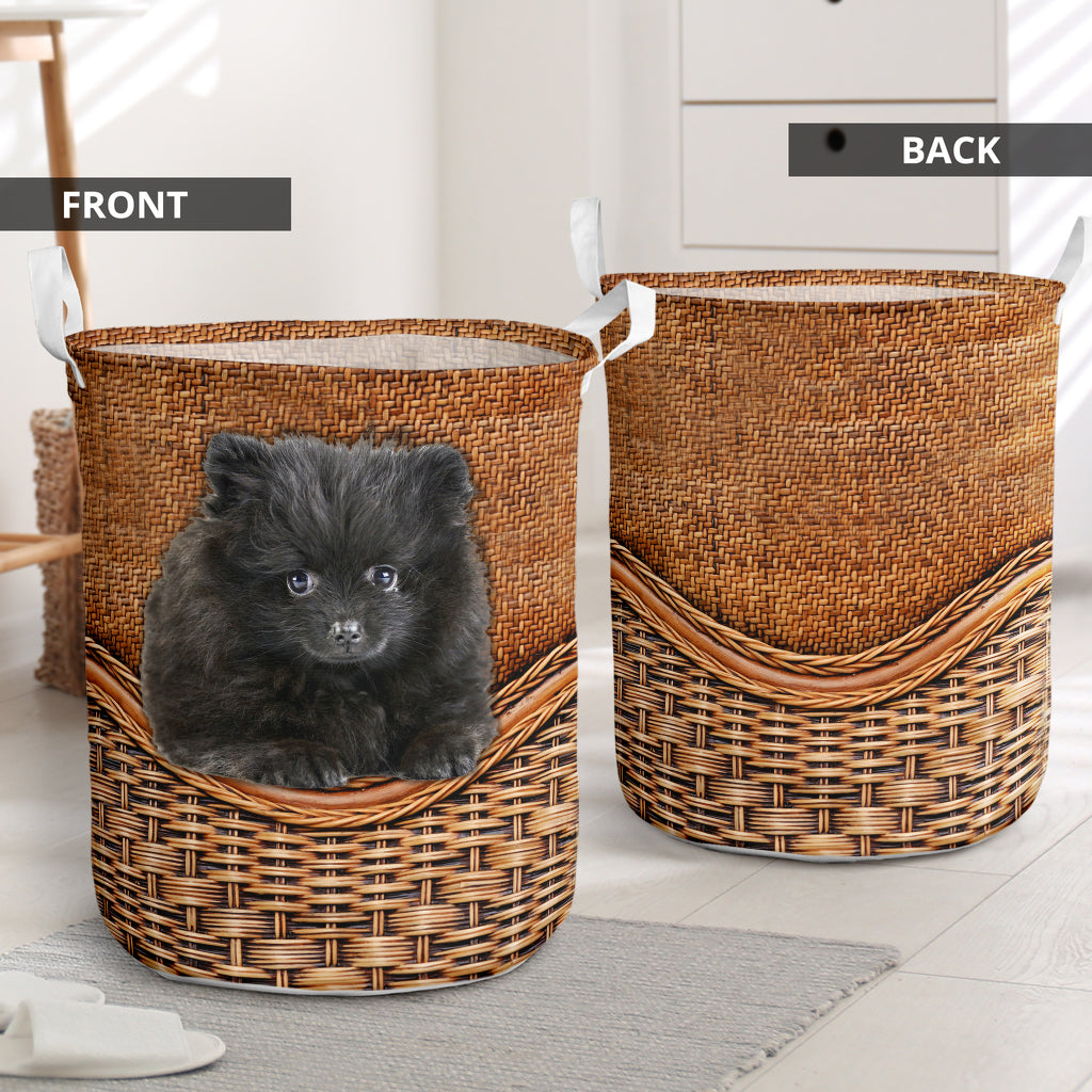 Black Pomeranian Dog Rattan Teaxture - Laundry Basket - Owls Matrix LTD