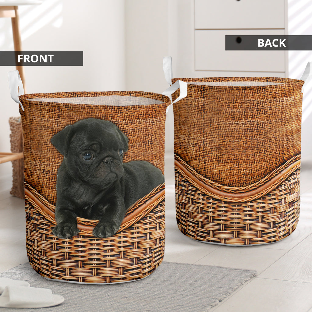 Black Pug Dog Rattan Teaxture - Laundry Basket - Owls Matrix LTD