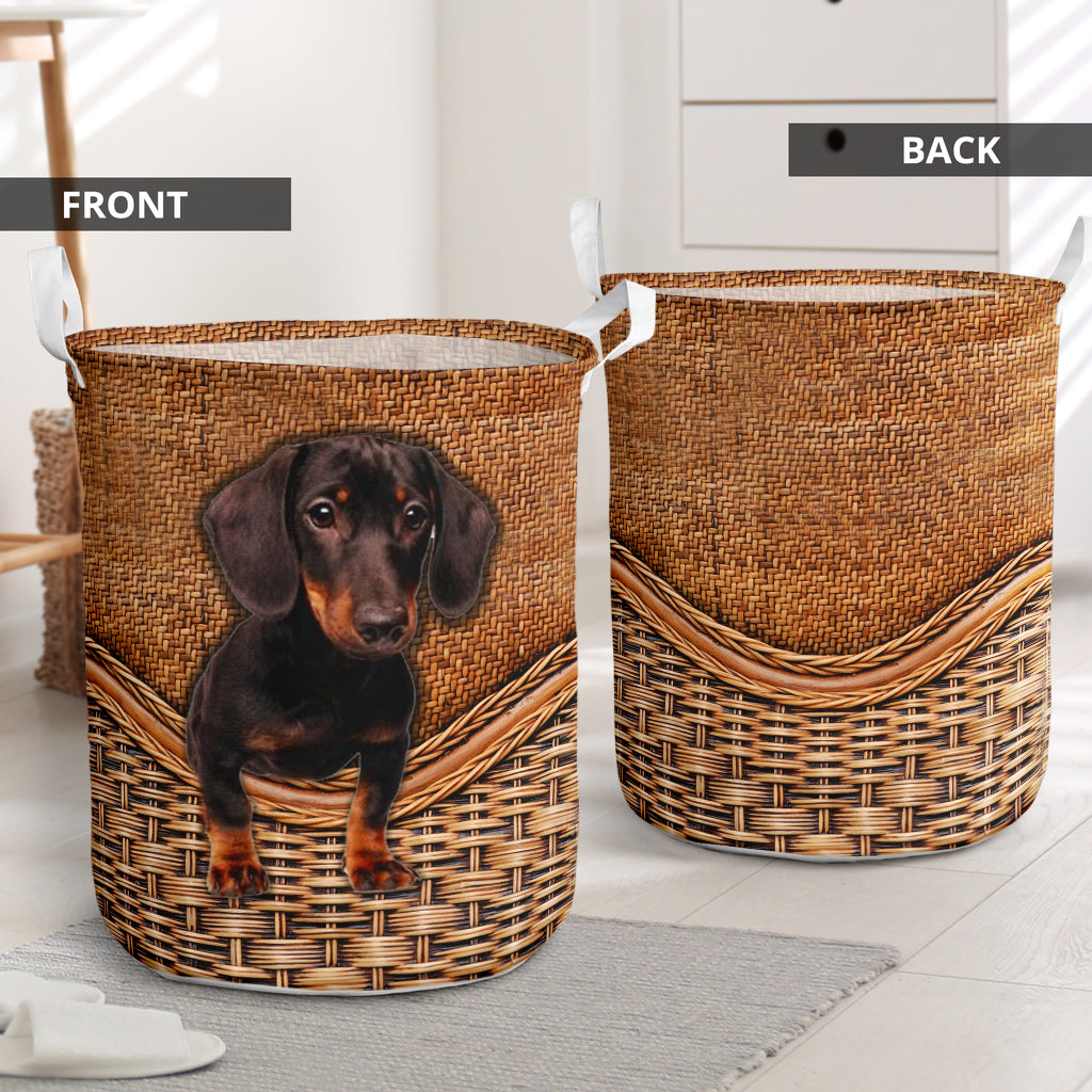 Black Tan Dachshund Dog Rattan Teaxture - Laundry Basket - Owls Matrix LTD