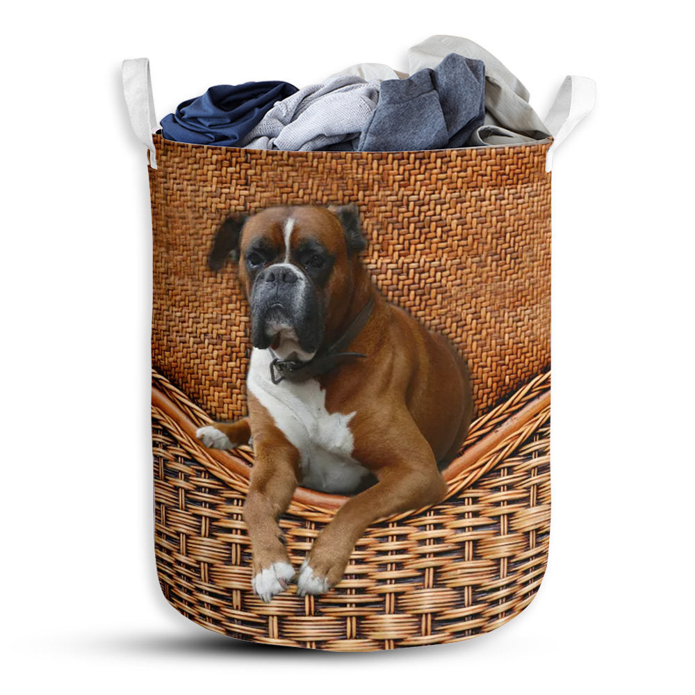 S: 17.72”x13.78” (45x35 cm) Boxer Dog Rattan Teaxture - Laundry Basket - Owls Matrix LTD