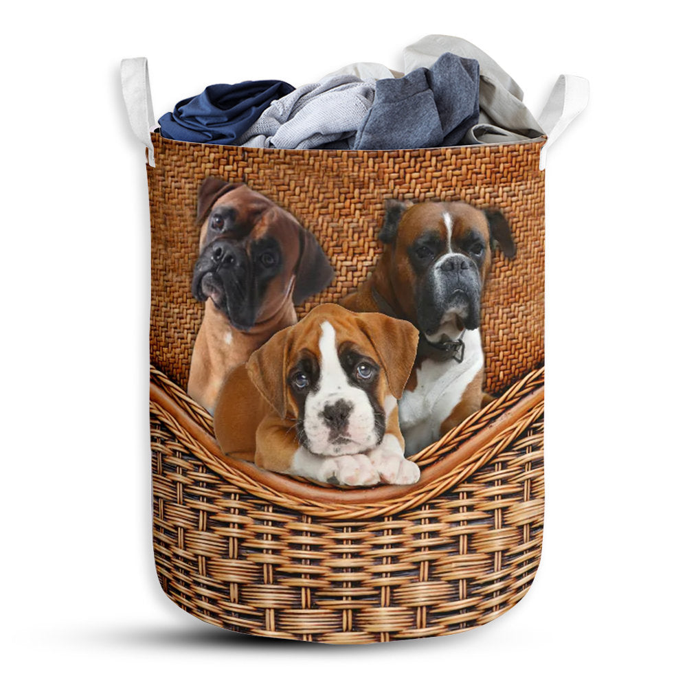 S: 17.72”x13.78” (45x35 cm) Boxer Dog Rattan Teaxture Style - Laundry Basket - Owls Matrix LTD
