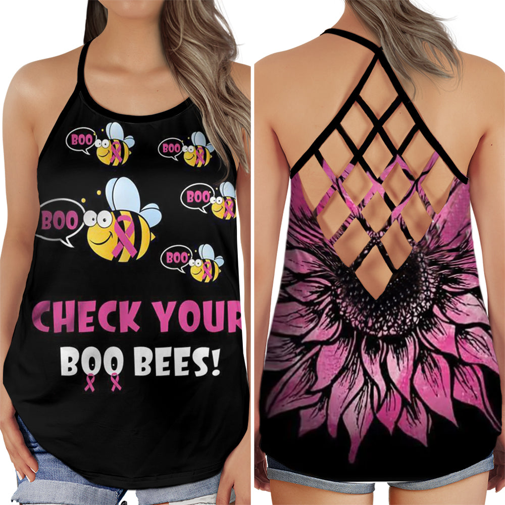 S Breast Cancer Awareness Check Your Boo Bees - Cross Open Back Tank Top - Owls Matrix LTD
