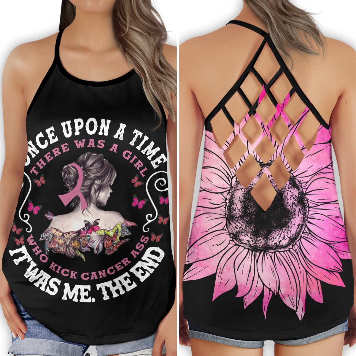 S Breast Cancer Awareness Once Upon A Time - Cross Open Back Tank Top - Owls Matrix LTD