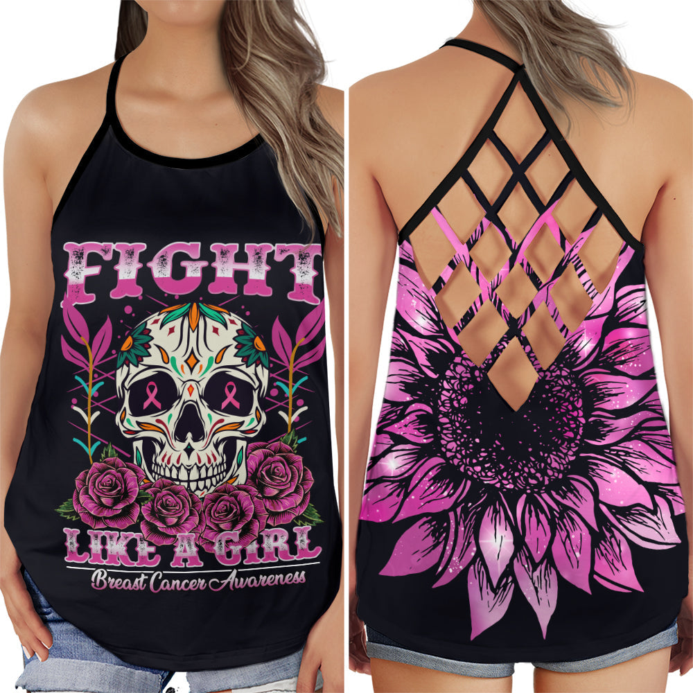 S Breast Cancer Awareness Summer: Fight Like A Girl With Lovely - Cross Open Back Tank Top - Owls Matrix LTD