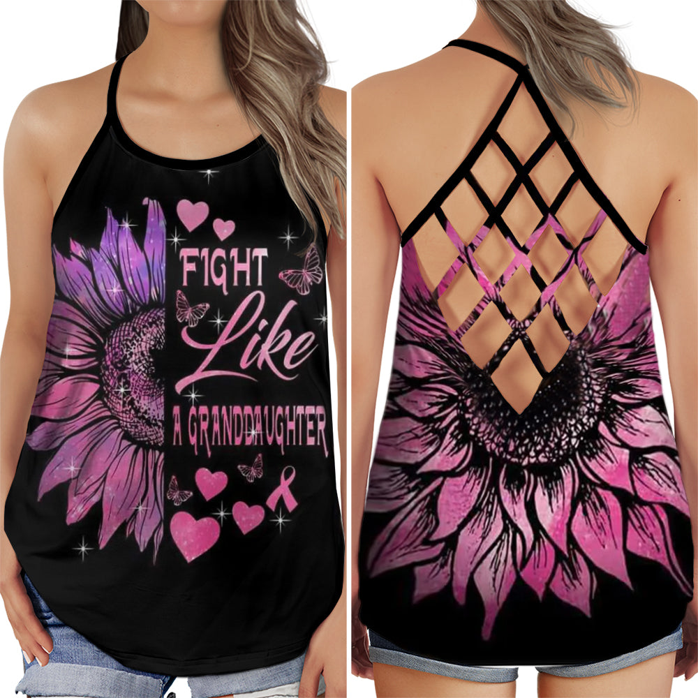 S Breast Cancer Awareness Summer: Fight Like A Granddaughter - Cross Open Back Tank Top - Owls Matrix LTD