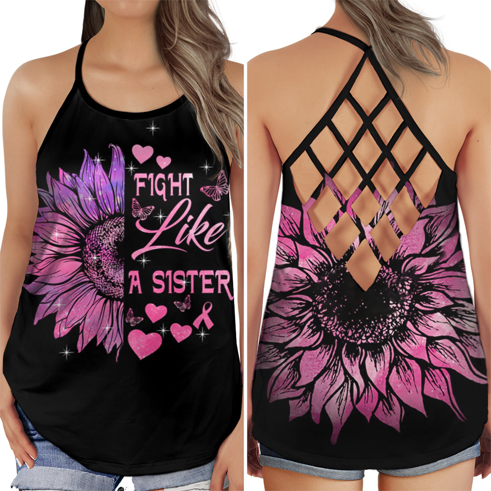 S Breast Cancer Awareness Summer: Fight Like A Sister With Pink - Cross Open Back Tank Top - Owls Matrix LTD