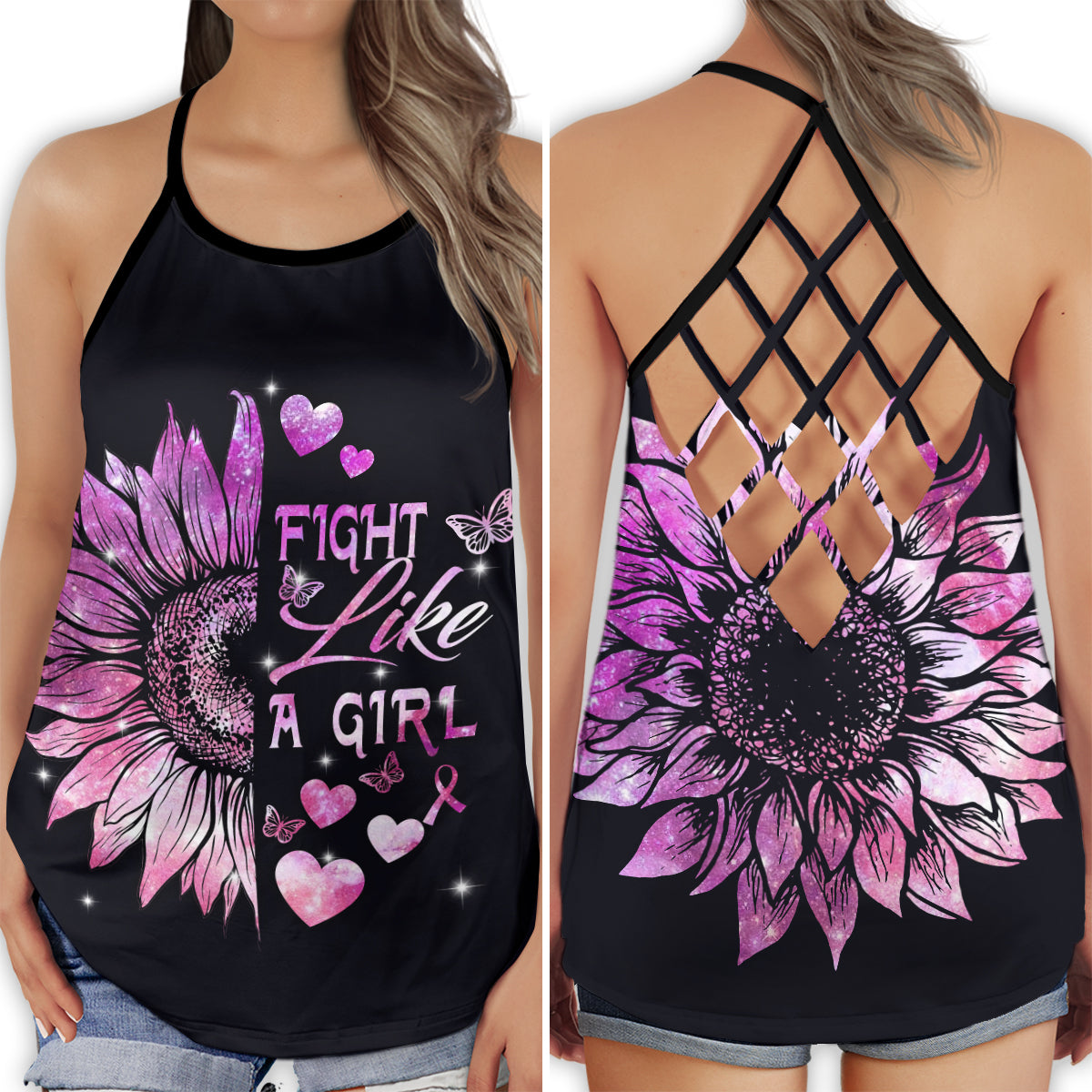 S Breast Cancer Fight Like A Girl Butterfly Sunflower - Cross Open Back Tank Top - Owls Matrix LTD