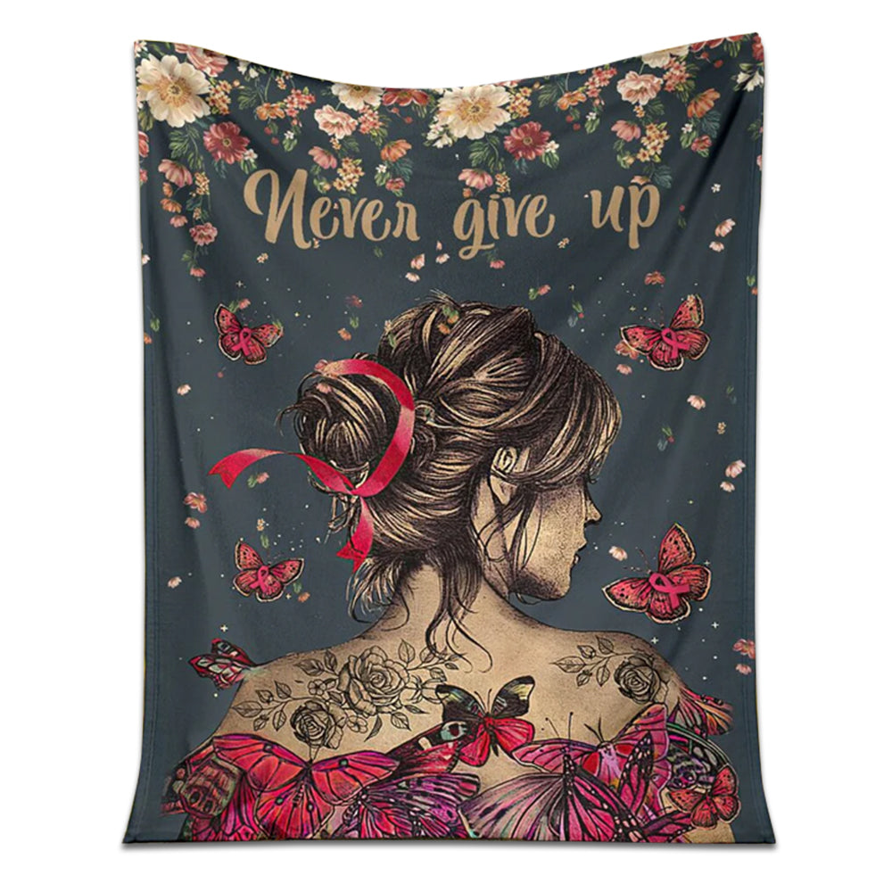 50" x 60" Breast Cancer Never Give Up Breast Cancer Awareness Style - Flannel Blanket - Owls Matrix LTD
