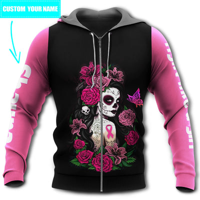 Zip Hoodie / S Breast Cancer Skull Girl With Dark Pink Personalized - Hoodie - Owls Matrix LTD