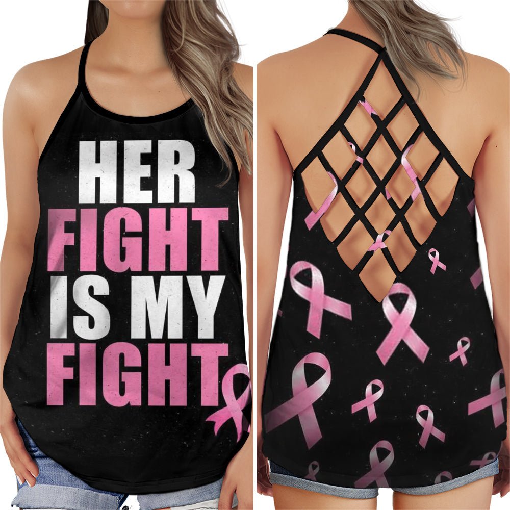 S Breast Cancer Awareness Her Fight Is My Fight - Cross Open Back Tank Top - Owls Matrix LTD