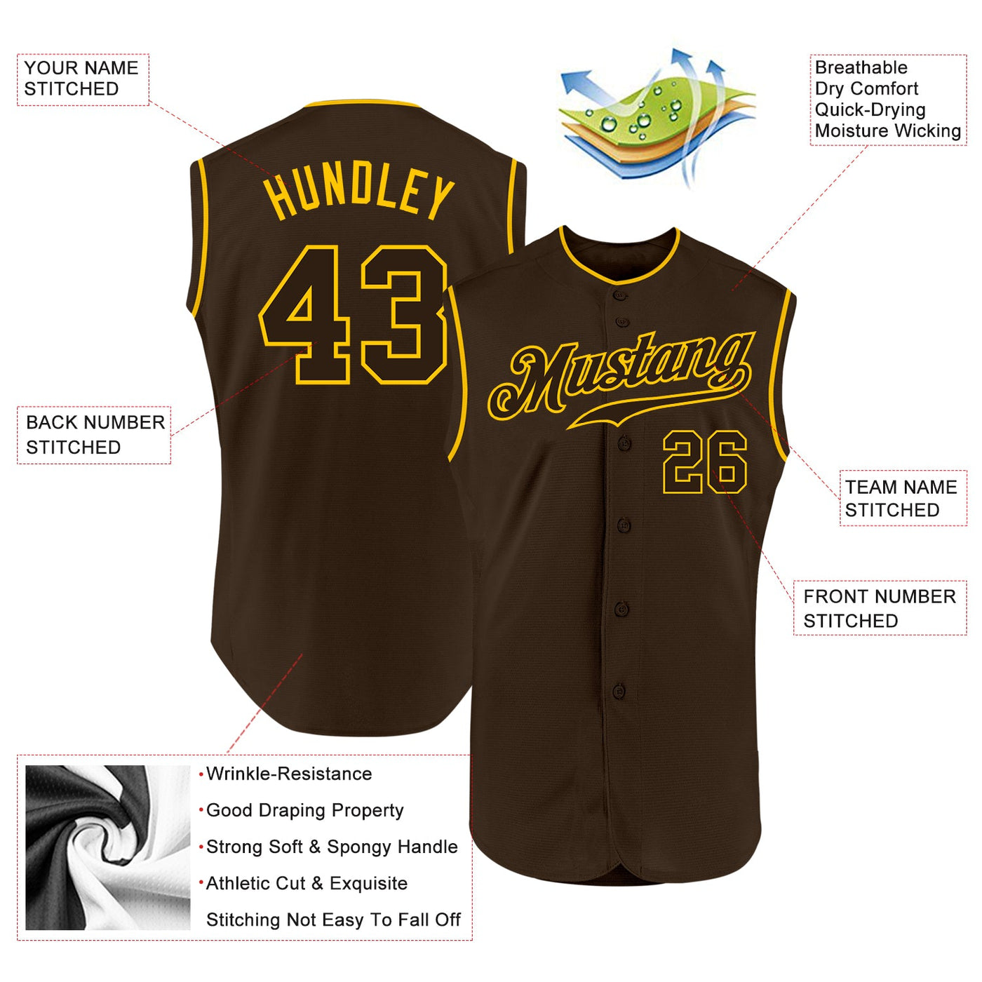 Custom Brown Brown-Gold Authentic Sleeveless Baseball Jersey