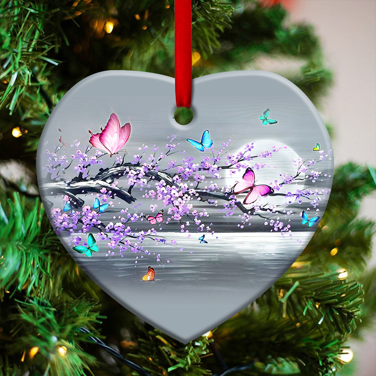 Butterfly Moon Branch Style - Heart Ornament - Owls Matrix LTD