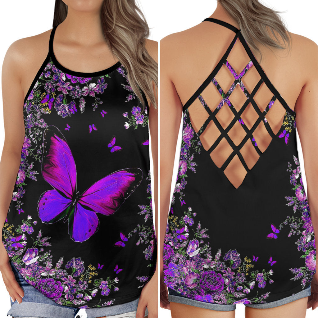 S Butterfly Purple Beautiful Everyday - Cross Open Back Tank Top - Owls Matrix LTD