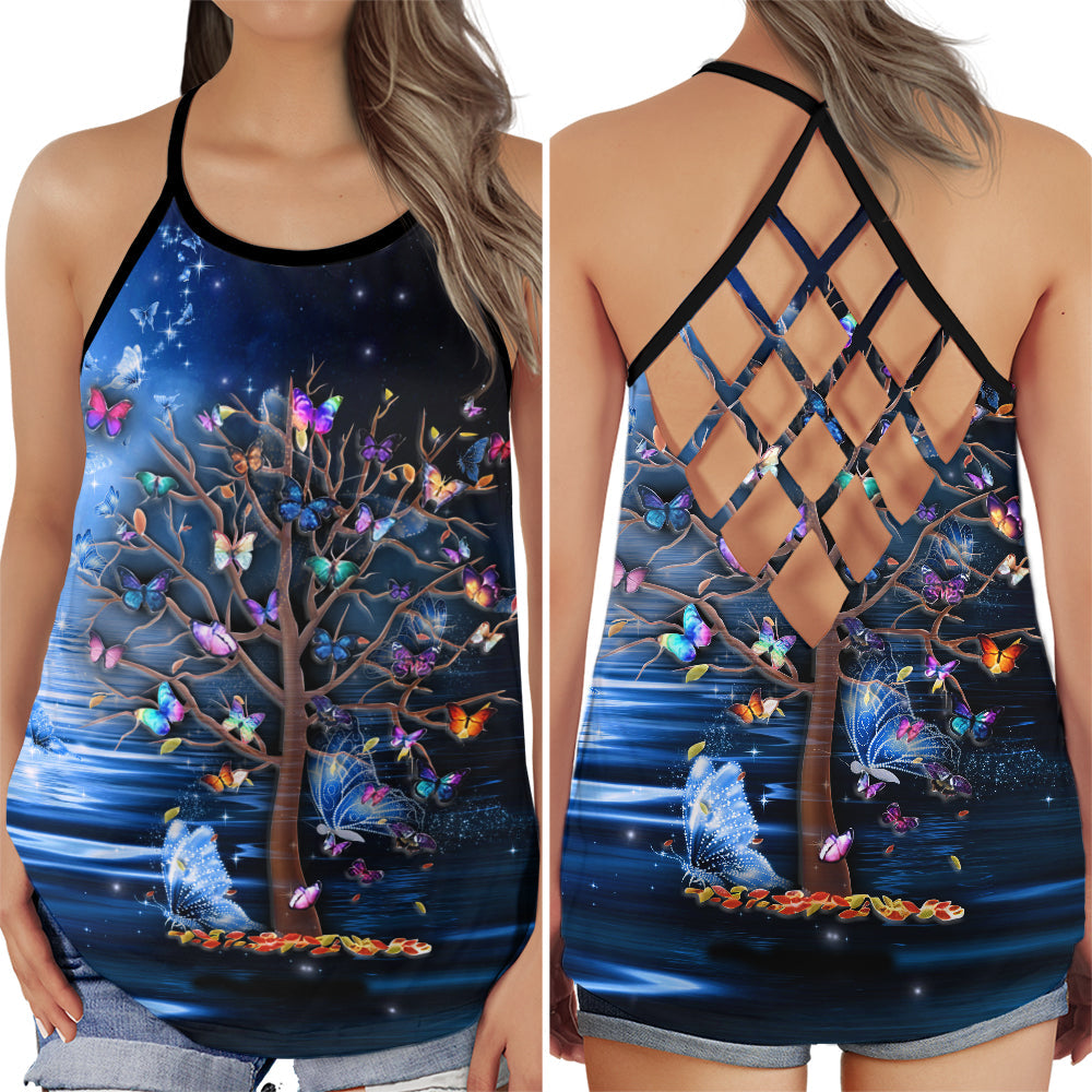S Butterfly Beautiful Everyday With Colorful Tree - Cross Open Back Tank Top - Owls Matrix LTD