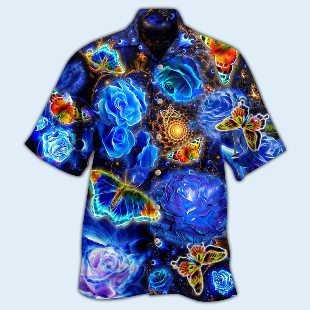 Butterfly Flower Glowing Blue Rose - Hawaiian Shirt - Owls Matrix LTD