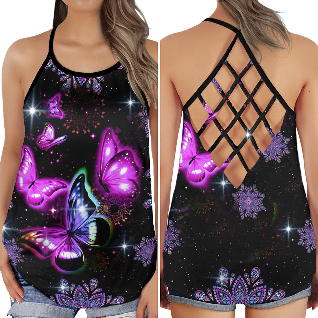 S Butterfly Purple Butterfly Beautiful Pattern - Cross Open Back Tank Top - Owls Matrix LTD