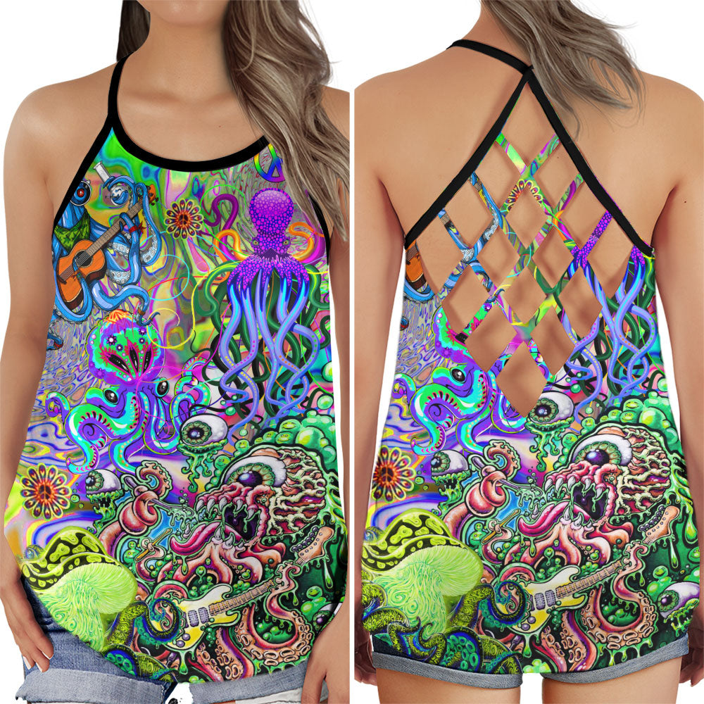 S Hippie Funny Octopus Love Music Colorful Ocean - Cross Open Back Tank Top - Owls Matrix LTD