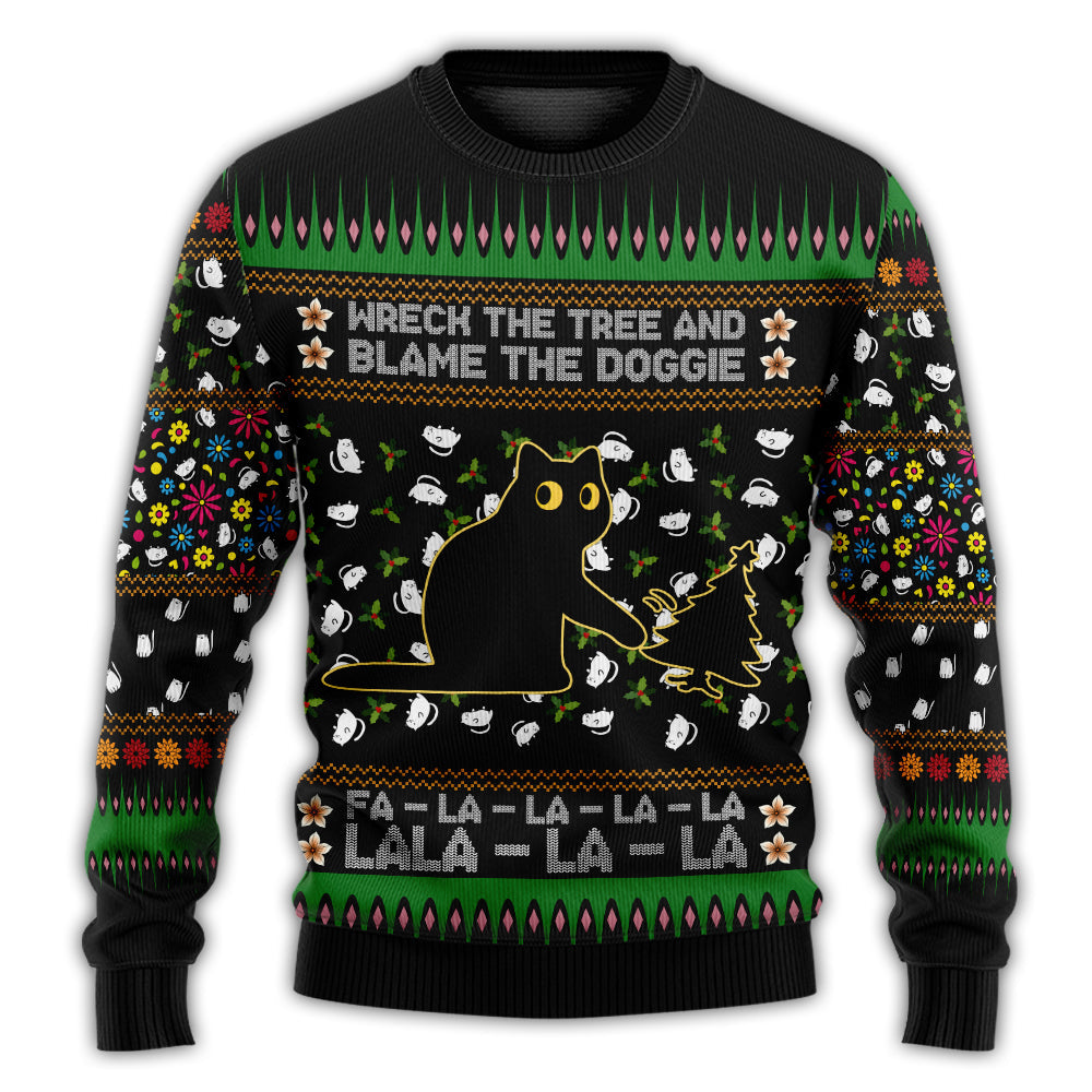 Christmas Sweater / S Black Cat Wreck The Tree And Blame The Doggie Merry Christmas - Sweater - Ugly Christmas Sweaters - Owls Matrix LTD