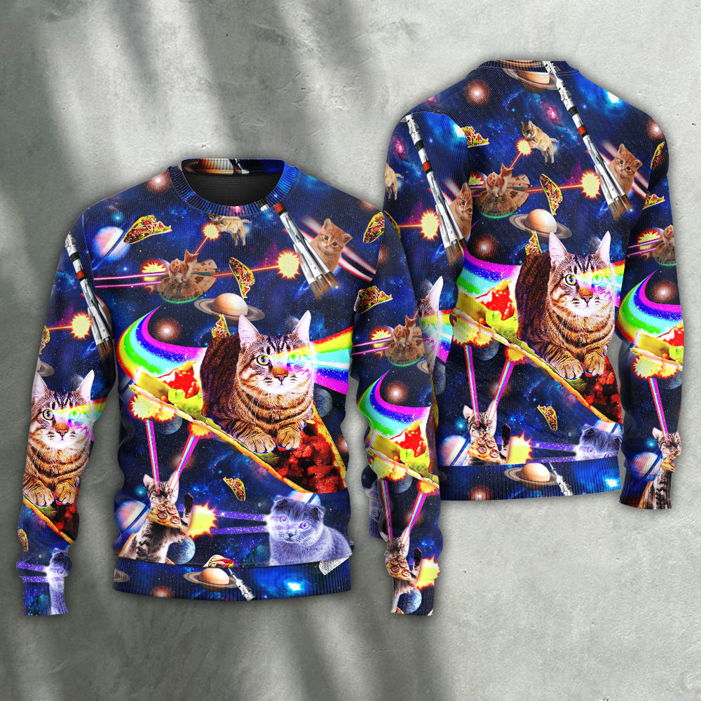 Cat Ride Food In Space - Sweater - Ugly Christmas Sweaters - Owls Matrix LTD