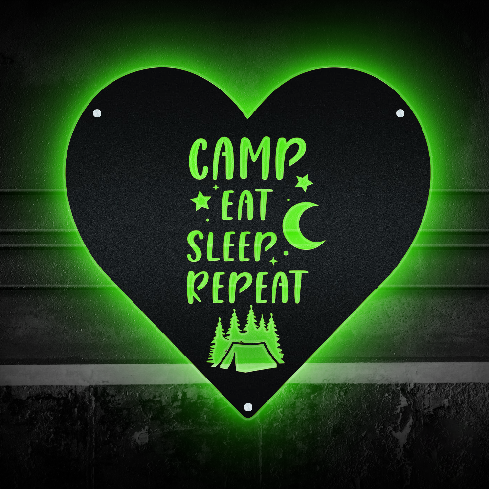 Camping Heart Shape Camp Eat Sleep Repeat - Led Light Metal - Owls Matrix LTD