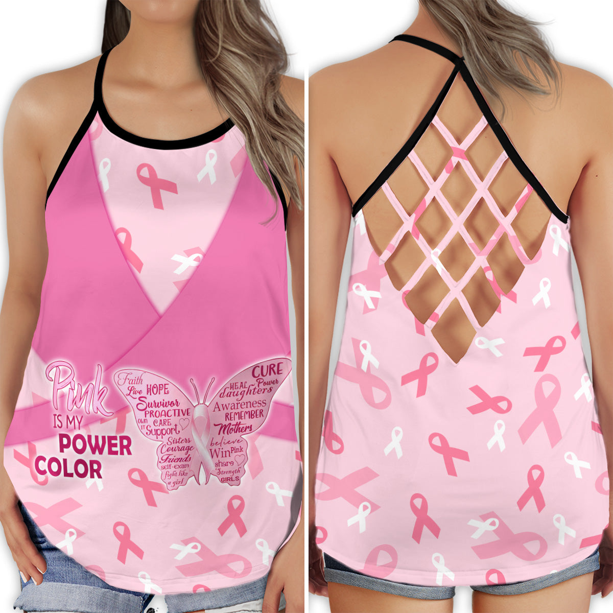 S Breast Cancer Stronger Pink Style - Cross Open Back Tank Top - Owls Matrix LTD