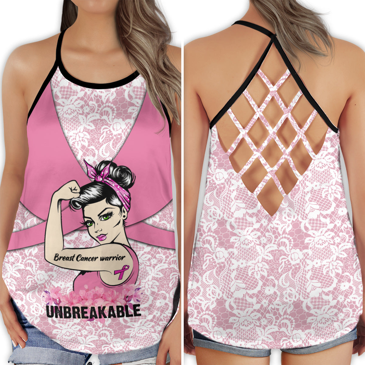 S Breast Cancer Stronger Cool Pink Style - Cross Open Back Tank Top - Owls Matrix LTD