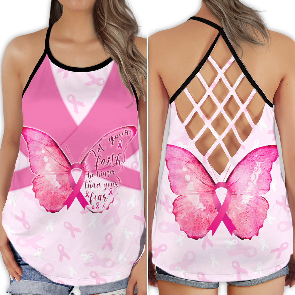 S Breast Cancer Stronger Pink Let Your Faith - Cross Open Back Tank Top - Owls Matrix LTD