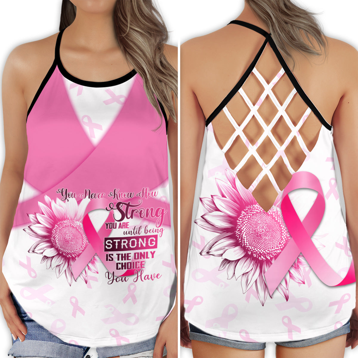 S Breast Cancer Stronger Sunflower Pink - Cross Open Back Tank Top - Owls Matrix LTD